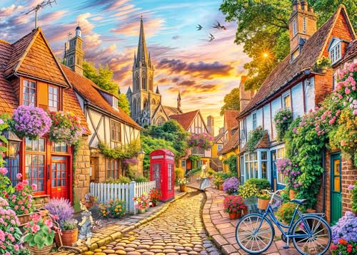Jigsaw Puzzles for Adults 1000 Piece Puzzle for Adults 1000 Pieces Puzzle 1000 Pieces-Charming European Town with Cobblestone streetscape - color: European Town
