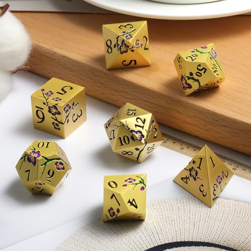 DNDND Metal Dice Set, 7 PCS Metallic Flowers DND Dice with Gorgeous Gift Case for D&D Dungeons and Dragon Tabletop Game (Purple Flowers with Gold) - color: Flower Gold Purple