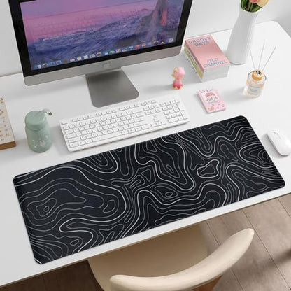 Gaming Mouse Pad Large 31.5 x 11.8in Topographic Keyboard Mousepad for Non-Slip Base and Stitched Edge, Extended Desk Pad XL Desk Mat (Black) - color: Black