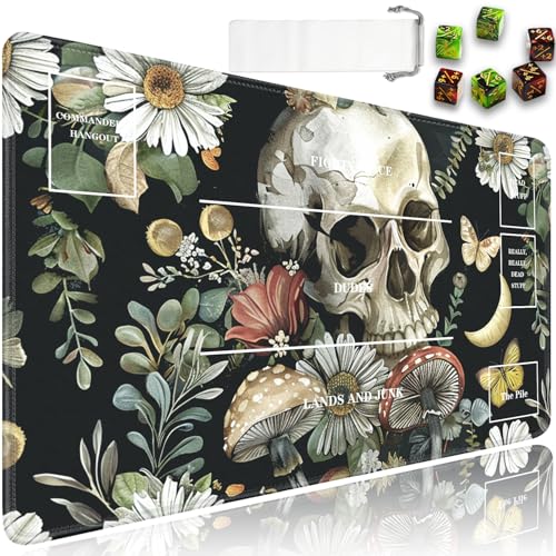 JVGFYNKL for MTG Playmat, 24 x 14 in for TCG Playmat with Zones,Trading Card Game Playmats with Storage Bag and 6 Dice, for MTG Table Mat Card Accessories, Skull Mushrooms and Flowers - color: JV-Playmat-5K-4-F152