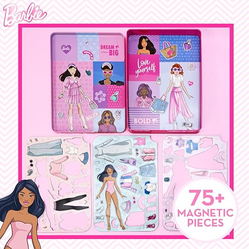 Barbie D.I.Y. Magnetic Play Set, 75 Pieces, 3 Magnetic Dolls, Crafts for Kids Ages 4-8, 4 Year Old Girl Birthday Gifts, Girl Toys, Cute Travel Toy, Fun Airplane Activities, Pretend Play for Girls - color: Barbie