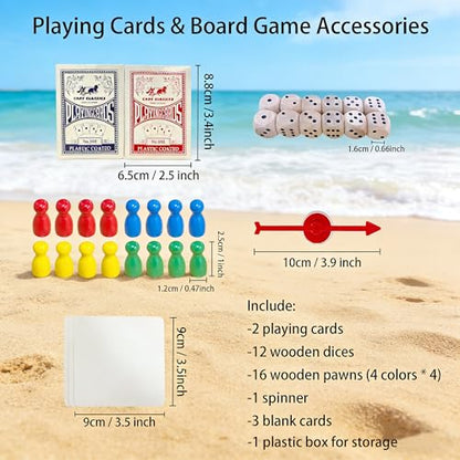 Portable Playing Cards and Dice Set, Include 2 Splash-Resistant Playing Cards, 12 Dice, 16 Pawns, a Spinner, 3 Paper Sheets, and a Plastic Storage Box, Travel-Friendly Set for Outdoor Play