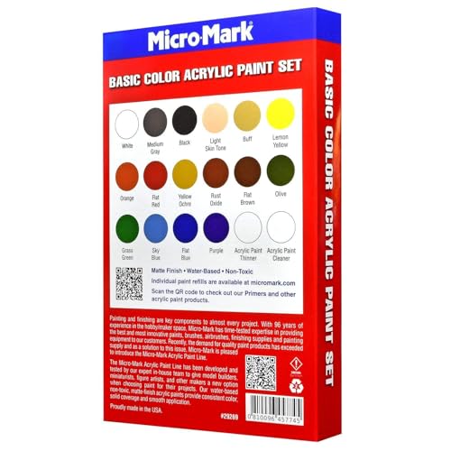 Micro-Mark Basic Color Model Water-based Acrylic Paint Set - Artist-Grade Pigment Colors for Miniatures, Models, Wargaming & Crafts, Fast-Drying | Made in the USA | 18 Bottles x 20 ml (0.68 fl.oz.)