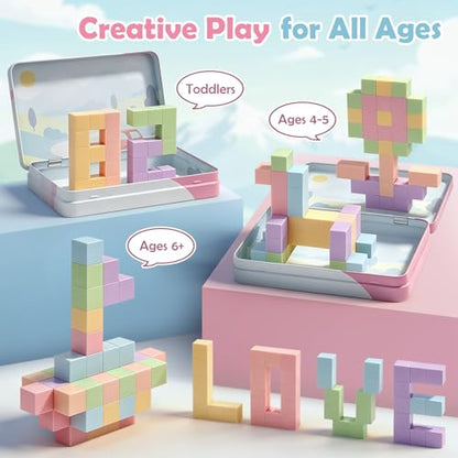 52 PCS Magnetic Blocks with Metal Box, 0.8in Mini Building Cubes Travel Set | Magnetic Building Blocks Toddler Travel Essentials Toys, STEM Educational Magnet Building Sensory Toys for Boys Girls Gifts - color: Pink