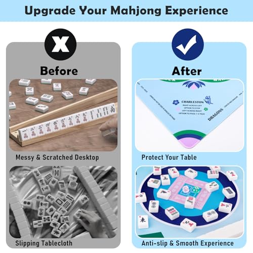 Mahjong Mat Set, Anti-Slip Noise Reduction Gaming Mat for American Mahjong, 32.28x32.28 Inch Waterproof Game Table Cover Kit with Carrying Bag, Mahjong Tile Shuffler Cards & Dice & Card Line Finder