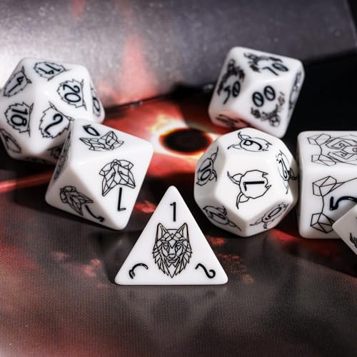 White DND Dice Set Beast Polyhedral Dice Set D&D for Tabletop Games | Leather Storage Bag, DM Gift, for Dungeons and Dragons Role Playing Games - color: Beast Pattern