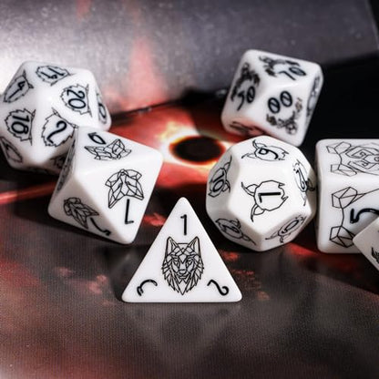 White DND Dice Set Beast Polyhedral Dice Set D&D for Tabletop Games | Leather Storage Bag, DM Gift, for Dungeons and Dragons Role Playing Games - color: Beast Pattern