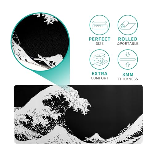 Japanese Sea Wave Large Mouse Pad, Abstract Black Gaming Mousepad, Extended Kanagawa Mat Desk Pad, 3mm Thick Long Non-Slip Rubber Base Mice Pad for Office and Home, 31.5x11.8 Inch - color: Sea Wave 2