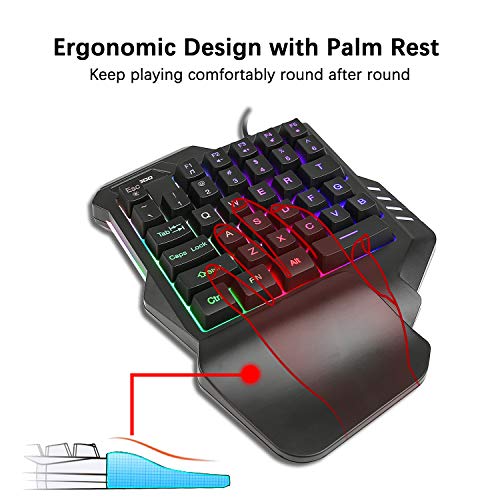One-Handed Gaming Keyboard, Wired Mini 35 Keys Single Hand with Rainbow Fixed Backlit, Portable Gamer Keyboard with Ergonomic Design of Wrist Rest, Macro Recording Function, for PC Computer