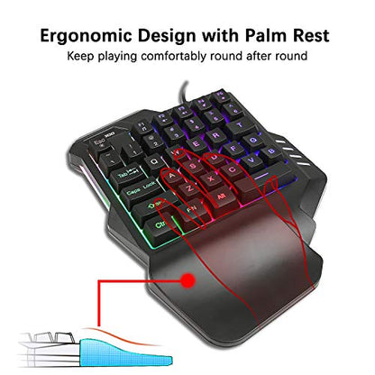 One-Handed Gaming Keyboard, Wired Mini 35 Keys Single Hand with Rainbow Fixed Backlit, Portable Gamer Keyboard with Ergonomic Design of Wrist Rest, Macro Recording Function, for PC Computer