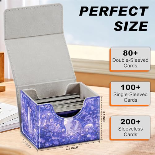 Magnetic Closure TCG Deck Box Portable Card Holder Trading Card Deck Box | PU Leather Collectible Card Case Game Trading Card Deck Box Storage Scratch Resistant Lining, Cat In Purple Flower Field - color: Cat In Purple Flower Field