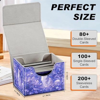 Magnetic Closure TCG Deck Box Portable Card Holder Trading Card Deck Box | PU Leather Collectible Card Case Game Trading Card Deck Box Storage Scratch Resistant Lining, Cat In Purple Flower Field - color: Cat In Purple Flower Field