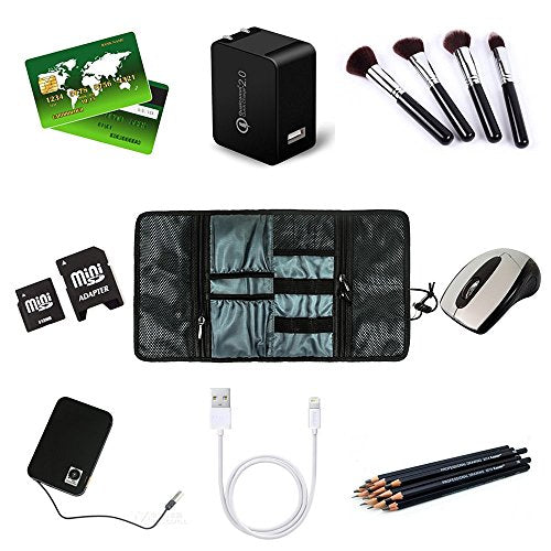 ProCase Electronic Organizer Cord Pouch, Travel Cable Charger Phone Accessories Bag Organizer Roll up Tech Carrying Case for USB Cables SD Memory Cards Earphone Flash Hard Drive –Black