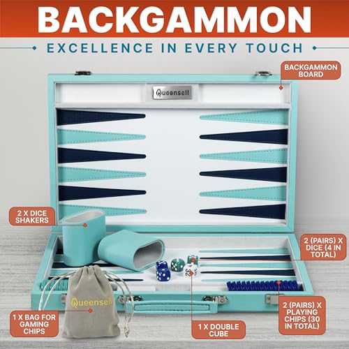 Large Turquoise Backgammon Set for Adults - Classic Board Game for 2 Players Adults and Kids - Premium 15 Inch Backgammon Board with 32 Playing Pieces in Quality PU Leather Case - style: Premium Turquoise