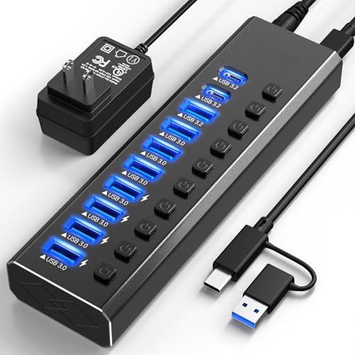 10-Port Powered USB Hub 3.2 – 10Gbps USB-A 3.2 + 2 USB-C 3.2 + 7 USB 3.0 Ports with Individual Switches & 12V Adapter for Laptop, MacBook, PC, Gaming - color: 10 Port USB 3.2 Hub