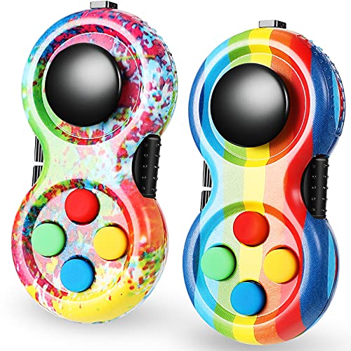 Skylety 2 Pcs Fidget Toys for Adults Controller Fidget Pad Stress Relief Cube Clicker Game Controller Sensory Educational Toy for ADHD Autism Relief Stress Anxiety(Rainbow and Stripe Style) - style: Rainbow and Stripe Style