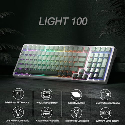 MageGee LIGHT100 Wireless Creamy Keyboard, Gasket Structure Hot Swappable, 2.4G/USB-C/BT5.0 RGB Backlit Mechanical Gaming Keyboard for Win/Mac/PC, 8000mAh Battery, Side Printed PBT Keycap, Green - color: Green/Blue Whale Switch