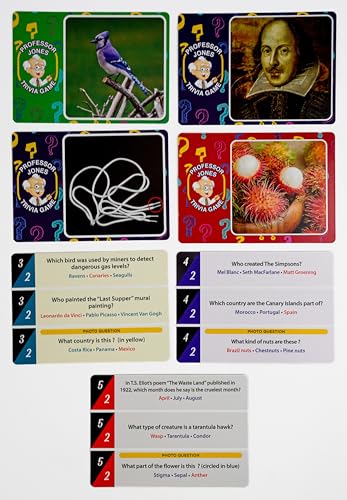 Trivia Game by Professor Jones – 450 Questions with Easy, Medium & Hard Levels, Photo Challenge Cards, Family Trivia Game for Adults & Teens, Party & Game Night Trivia Cards
