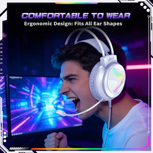 J11 Gaming Headset with Microphone, Noise Cancelling Gaming Headphones Compatible with PS4 PS5 Xbox One PC Laptop, Over-Ear Headset with LED RGB Light, 7.1 Stereo Surround Sound (White) - color: White