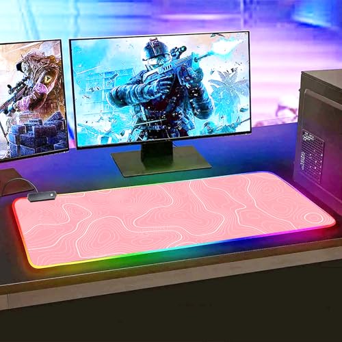 Pink RGB Mouse Pad LED Desk Mat Large Gaming Mousepad Pink and White Line Design, Keyboard Pad XL Mouse Mat for Home and Office - color: Pink With White Topographic Line