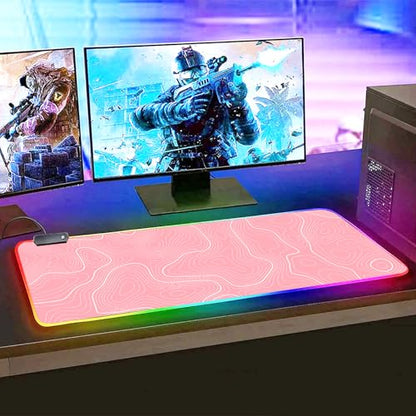 Pink RGB Mouse Pad LED Desk Mat Large Gaming Mousepad Pink and White Line Design, Keyboard Pad XL Mouse Mat for Home and Office - color: Pink With White Topographic Line