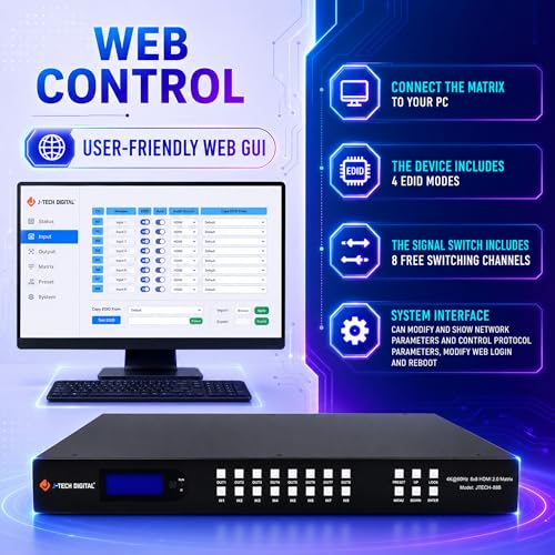 J-Tech Digital 8x8 HDMI Matrix Switch 4K 60Hz HDMI 2.0, Compatible with HDR Dolby Vision Audio Embedding Extraction Web GUI [JTECH-88MU] - size: 4K60 8x8 HDMI Matrix