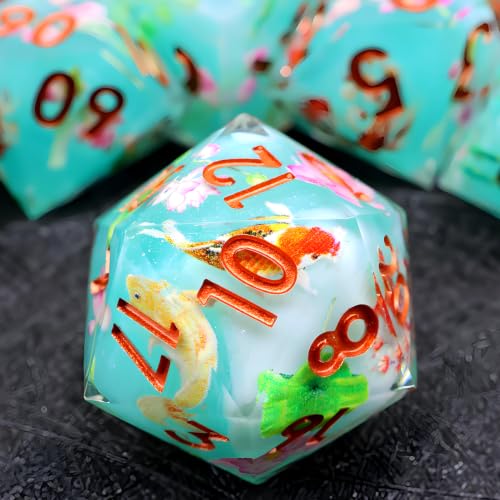 XENOLUX Polyhedral Resin DND Dice Set - Sharp Edge RPG Dice with Koi Fish and Lotus Inclusions, Cyan Tabletop Board Games Accessories in Tin Box for Dungeons and Dragons (L23) - color: L23