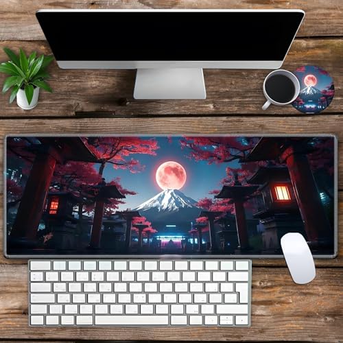 Large Gaming Mouse Pad Set with Wrist Support – 31.5" x 11.8" 4-in-1 XXL Mousepad with Keyboard Wrist Rest, Mouse Wrist Rest & Coaster – Ergonomic Desk Mat for Office, Home – Japanese Full Moon - color: Japanese Full Moon