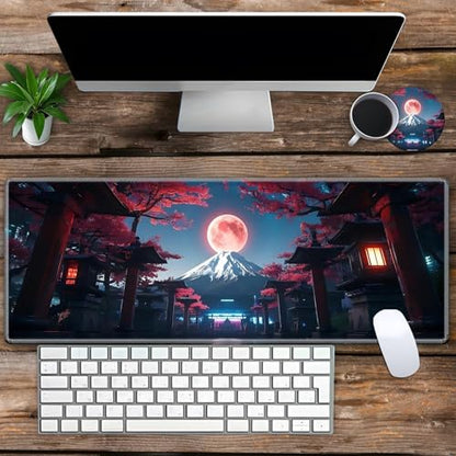 Large Gaming Mouse Pad Set with Wrist Support – 31.5" x 11.8" 4-in-1 XXL Mousepad with Keyboard Wrist Rest, Mouse Wrist Rest & Coaster – Ergonomic Desk Mat for Office, Home – Japanese Full Moon - color: Japanese Full Moon