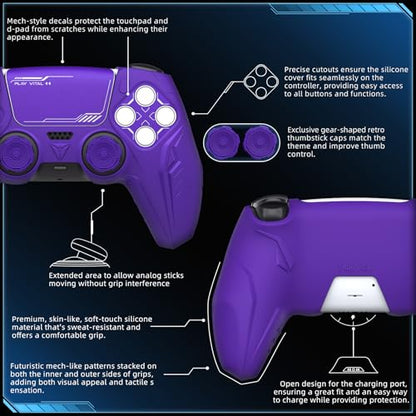 PlayVital 2 Pack Silicone Skin Set for PS5 Controller - Charging Dock Compatible, Full Protection Case with Futuristic CyberMech Design, Soft Cover with Thumb Grips & Stickers - Purple - color: 2 Purple