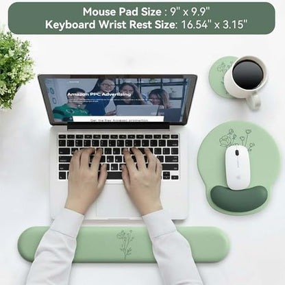 Mouse Pad with Keyboard Wrist Rest,Ergonomic Mouse Pad Wrist Support PU Base with Coaster,Mousepad with Nonslip Base for Computer Laptop Keyboard Home&Office - color: K-Green Plants