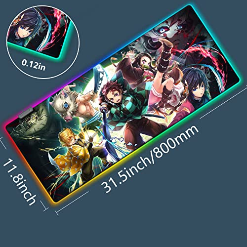 RGB Mouse Pad for Demon - Anime Tanjirou Large Mouse Pad for Computer with LED Light Edges Non Slip Rubber Base | Compatible with Kimetsu No Yaiba 11.8 x 31.5in Long Mouse Mat