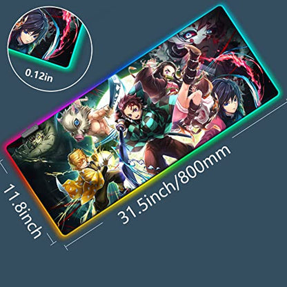 RGB Mouse Pad for Demon - Anime Tanjirou Large Mouse Pad for Computer with LED Light Edges Non Slip Rubber Base | Compatible with Kimetsu No Yaiba 11.8 x 31.5in Long Mouse Mat