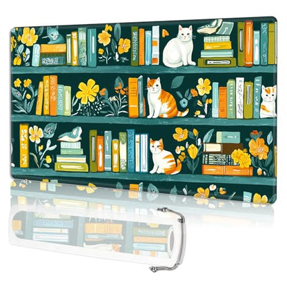 for MTG Playmat TCG Card Game Mat with Stitched Edges,Board Game Mats Non-Slip Waterproof Rubber Base 24 x 14 inch for CCG RPG DTCG Trading Card,Cats Books Flowers - color: Cats Books Flowers