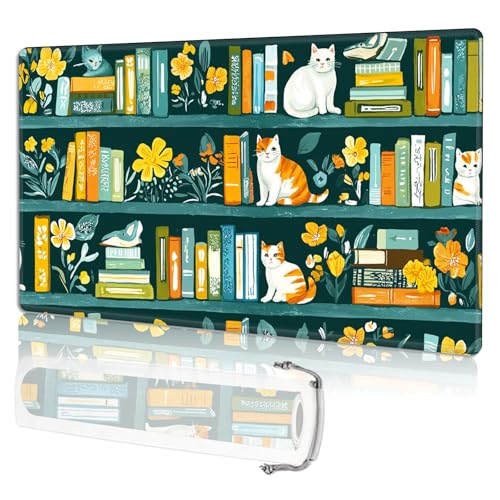 for MTG Playmat TCG Card Game Mat with Stitched Edges,Board Game Mats Non-Slip Waterproof Rubber Base 24 x 14 inch for CCG RPG DTCG Trading Card,Cats Books Flowers - color: Cats Books Flowers