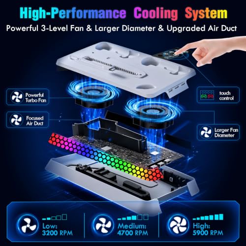 Cooling Station for PS5 Slim Pro,Vertical Stand with Adjustable Fan Charger | Gift for PS5 Long Gaming,3 Level Quiet Fan,Two Controller Charging,10 Colors Dynamic Mode,Headset Hook,USB Hub,Anti-Slip Base - color: White