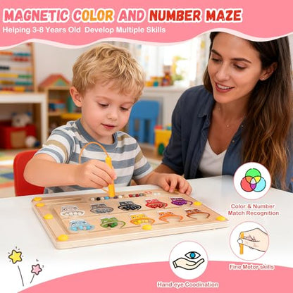 2 IN 1 Magnetic Color and Number Maze, Montessori Toys with Drawing Board for 3 4 5 Year Old, Wooden Magnet Balls Puzzles, Learning Educational Toys for Kids Toddlers Boys Girls Christmas Birthday