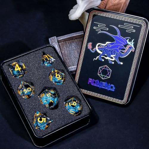 Roycevon Resin DND Dice Set with Gift Box, 7Pcs Liquid Core Cat D&D Dice, Cute Dungeons Dragons D and D Dice, Sharp Edge Role Playing Game Dice D20 D12 D10 D8 D6 D4, Blue Gold - color: Blue Gold