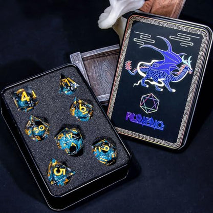 Roycevon Resin DND Dice Set with Gift Box, 7Pcs Liquid Core Cat D&D Dice, Cute Dungeons Dragons D and D Dice, Sharp Edge Role Playing Game Dice D20 D12 D10 D8 D6 D4, Blue Gold - color: Blue Gold
