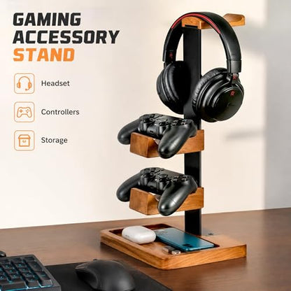Headset Stand with Dual Controller Holder, Solid Wood Headphone Stand with Storage Base, Gaming Equipment Accessories for Desk, Controller Holder for Gamers