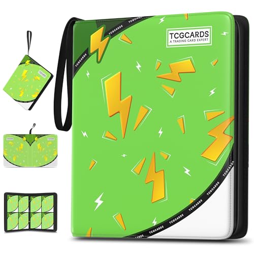 Trading Card Binder 4 Pocket,400 Pocket Card Collection Binder with 50 Removable Sleeves,PU Waterproof Top Card Book,3-Ring Zipper Collectible Trading Card Album for MTG/TCG/Card Holder Gift（Green） - color: Green, size: Small