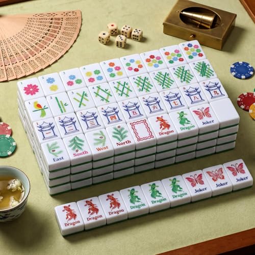 160 Pcs Green American Mahjong Only, 1.2 x 0.8 Inches Flowers Theme Melamine Mahjong Tiles, Hand Carved Pattern for Mah Jong Games, Adult Classic Board Games, Beginners, Mah Jong Lovers - color: Fresh Color, style: Classic