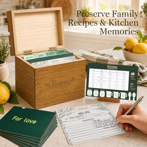 Wooden Recipe Box Set with 50 Cards and 12 Dividers, Solid Pine | Holds 300+ 3x5 and 4x6 recipe cards; 2 removable wood dividers organize recipes for cooking, family keepsakes and gifting - color: Walnut Brown