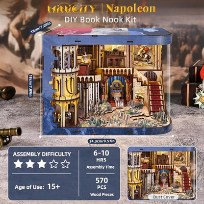 MiniCity Napoleon DIY Book Nook Kit, Wooden 3D Bookshelf Insert with LED | 7.1 x 9.1 x 7.1 in; 570 pieces, LED and dust cover; glue/tools and guide included; 8-10 hr DIY build for display, ages 14+. - style: Napoléon