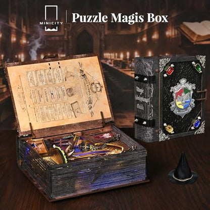MiniCity Magic Admissions Book Nook Kit, Wooden Miniature House with LED | Open the book-style case to reveal a magic academy; 248-piece LED model includes dust cover, glue/tools and guide, ages 14+. - style: Magic Admissions Guide