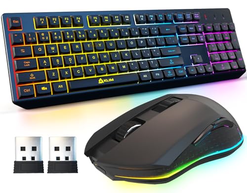 KLIM Chroma Wireless Keyboard and Mouse – RGB Backlit Gaming Combo, Rechargeable Wireless Keyboard & RGB Mouse, Durable & Ergonomic, Dual USB Receivers, Compatible with PC, Mac, PS4, PS5 - color: Black - Bundle