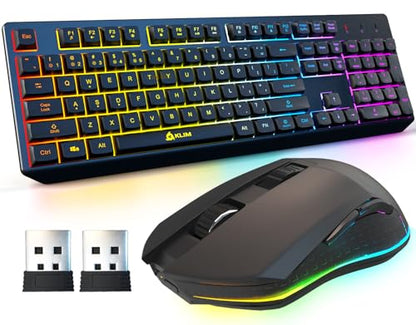 KLIM Chroma Wireless Keyboard and Mouse – RGB Backlit Gaming Combo, Rechargeable Wireless Keyboard & RGB Mouse, Durable & Ergonomic, Dual USB Receivers, Compatible with PC, Mac, PS4, PS5 - color: Black - Bundle