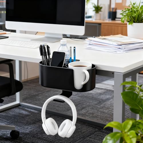 4-in-1 Desk Organizer Cup Holder Clamp-on Under Desk Office Home Storage | Carbon steel hook holds 11lb.Detachable storage box.Frees up desk space.Holds cup/headset/bag/phone/pen/stationery.No tools.