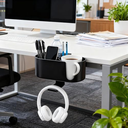 4-in-1 Desk Organizer Cup Holder Clamp-on Under Desk Office Home Storage | Carbon steel hook holds 11lb.Detachable storage box.Frees up desk space.Holds cup/headset/bag/phone/pen/stationery.No tools.