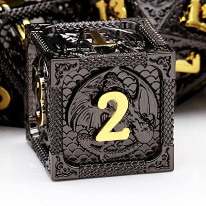 Haxtec Metal DND Dice Set Black Gold Metal D&D Dice with Fire-Breathing Dragon Elements & Leather Dice Bag Polyhedral Dice Compatible with Dungeons and Dragons TTRPG Gifts - color: Black Gold